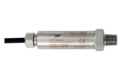 [0208.17502.021304.13] Keller Valueline Pressure Transducer, -14.7 to +55 PSI Range, 4-20mA Output, 15 ft Cable, 0.25% Accuracy, Lightning Protection, IP68