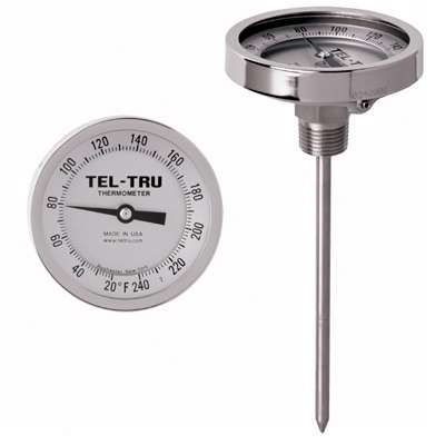 [38100914AKKAAAA] Tel-Tru 5" Dial Thermometer, Back Connected, 0/250FC, 1/2" NPT, 9" Stem