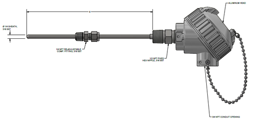 [J48U-012-00-6HN31] TYPE J THERMOCOUPLE, 1/4" X 12", 1/2"SS THREAD WITH HEAD 