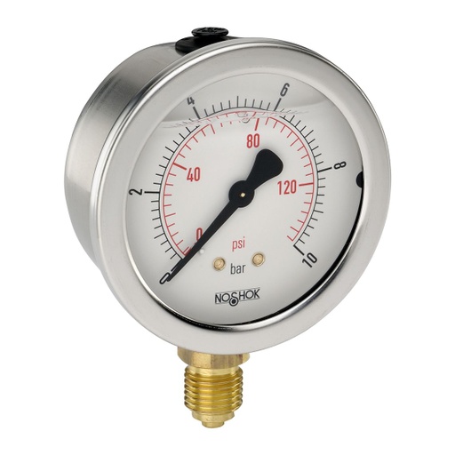 [25-901-60-psi/kPa] 901 Series Industrial Liquid Filled Pressure Gauge, 2.5" Dial, 304SS Case, Copper Alloy Internals, 60 psi/kPa, 1/4" NPT Male Bottom Conn, Glycerin Filled